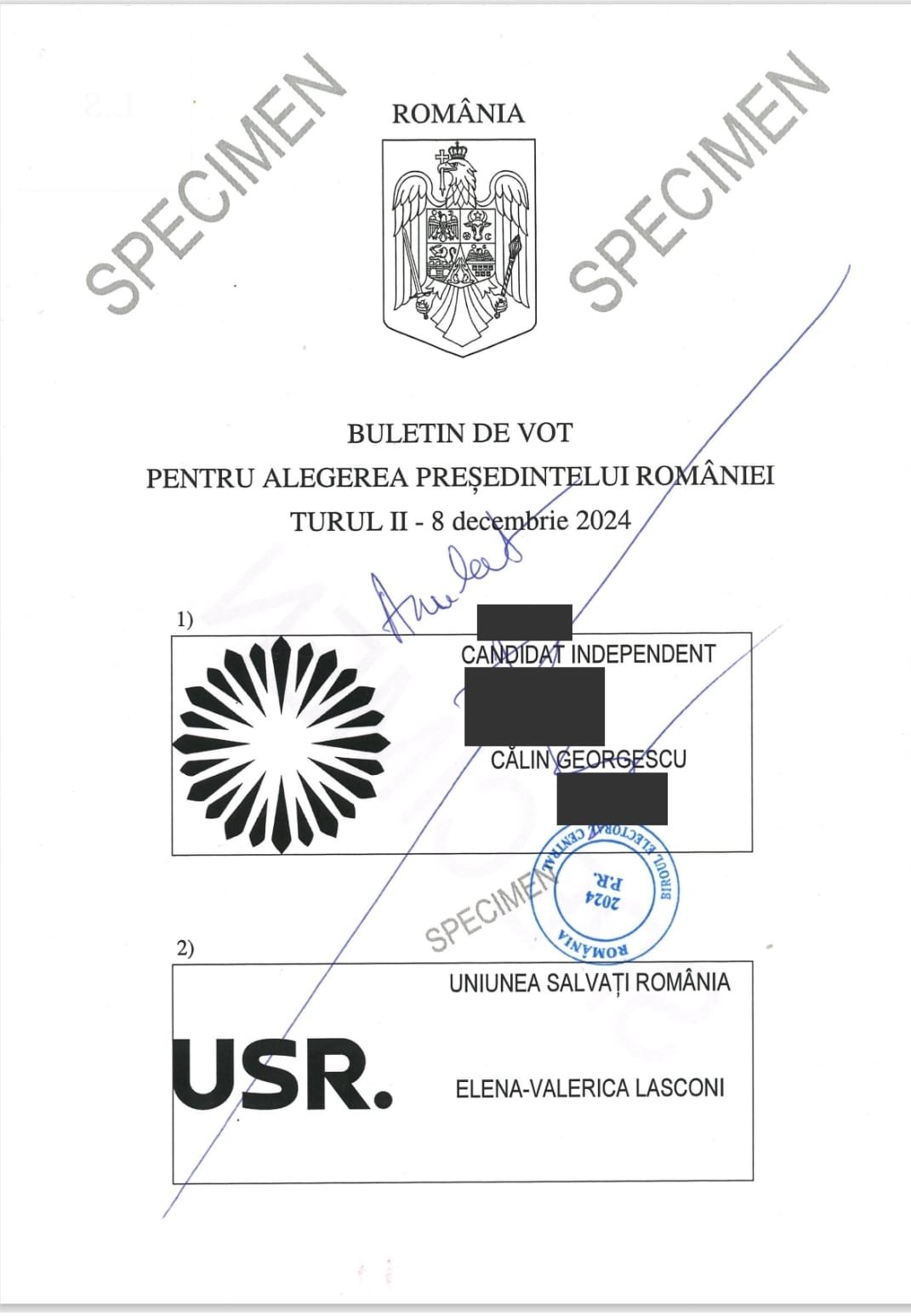 Buletin de vot pentru alegerea președintelui României – turul II – 8 decembrie. Foto Facebook Autoritatea Electorală Permanentă